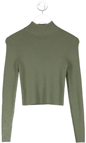 Alice   Olivia Green Senaida Cropped Lightweight Rib Mock Neck Jumper UK S/M