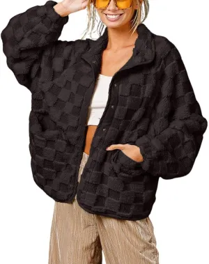 chouyatou Women Winter Casual Checkered Fleece Jacket Fuzzy Oversized Sherpa Jacket Shacket Faux Fur Coat
