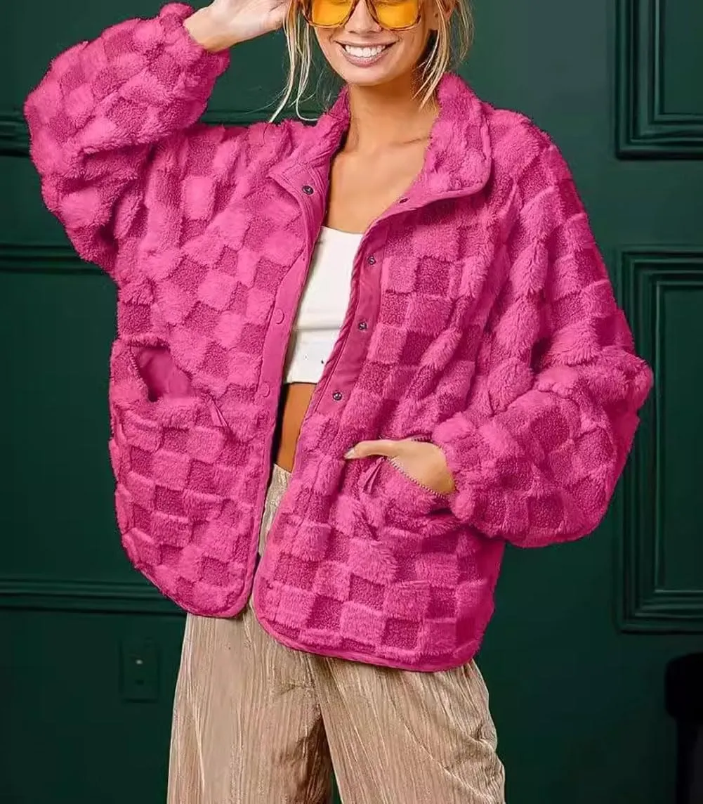 chouyatou Women Winter Casual Checkered Fleece Jacket Fuzzy Oversized Sherpa Jacket Shacket Faux Fur Coat