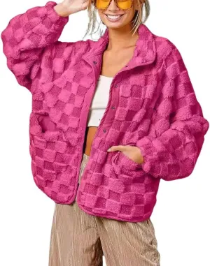 chouyatou Women Winter Casual Checkered Fleece Jacket Fuzzy Oversized Sherpa Jacket Shacket Faux Fur Coat