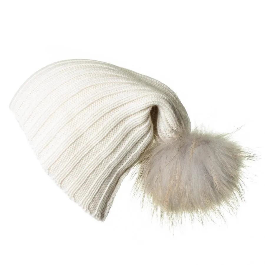 Cream Cashmere and Fur Pom Pom Beanie