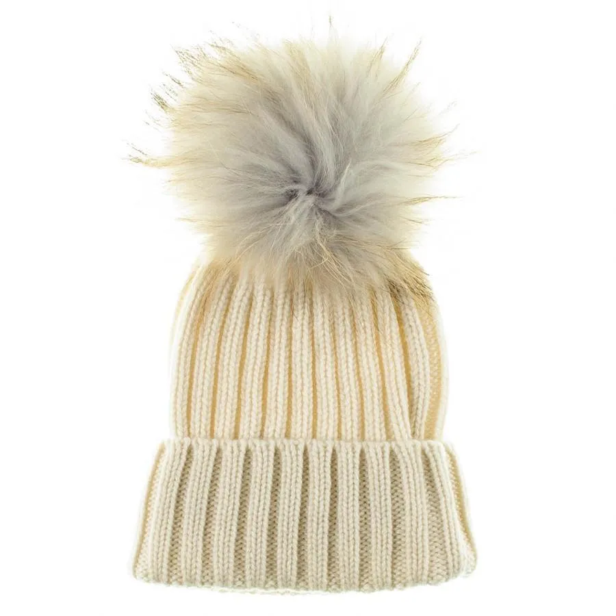 Cream Cashmere and Fur Pom Pom Beanie