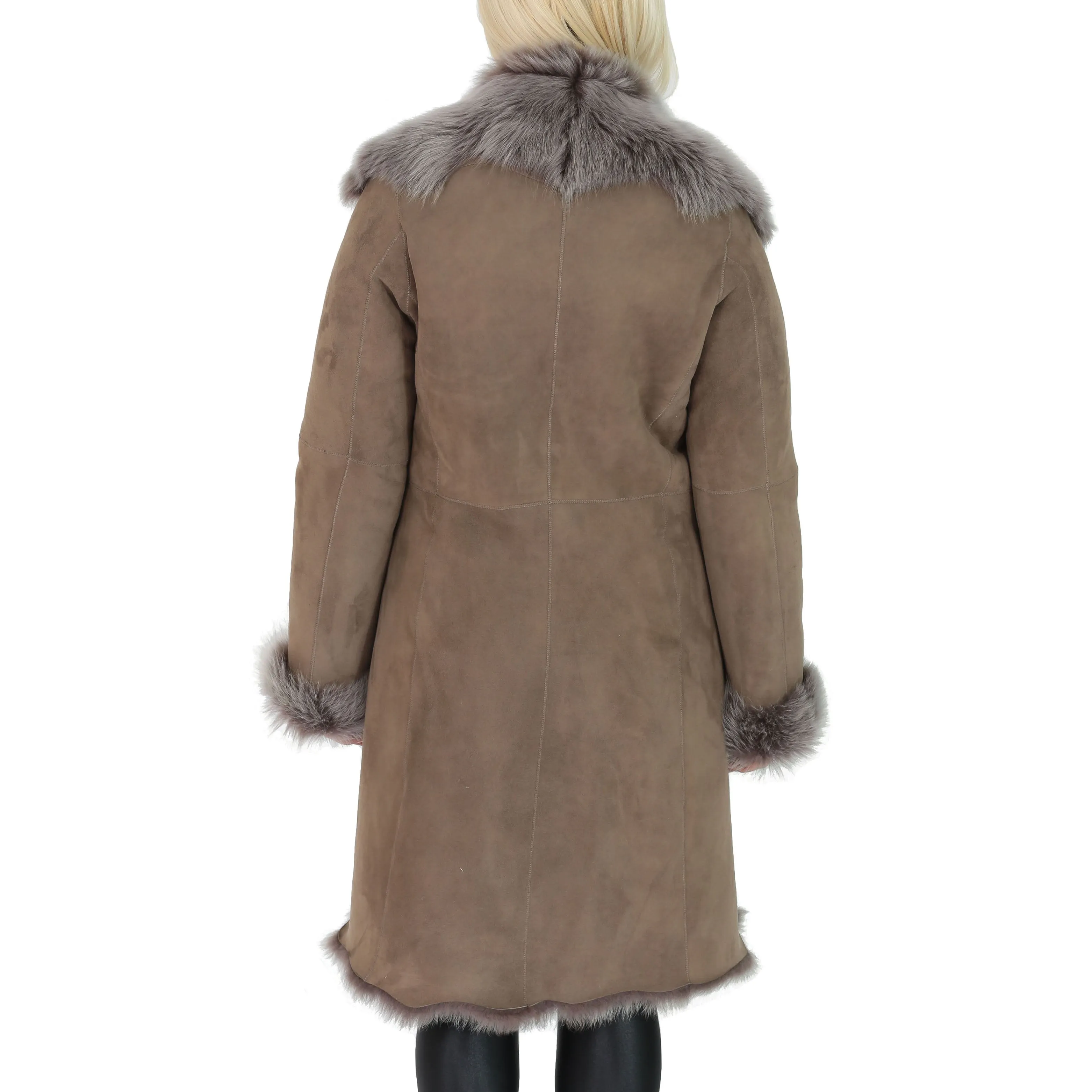 DR220 Women's Shearling Long Italian Sheepskin Leather Coat Brown Taupe