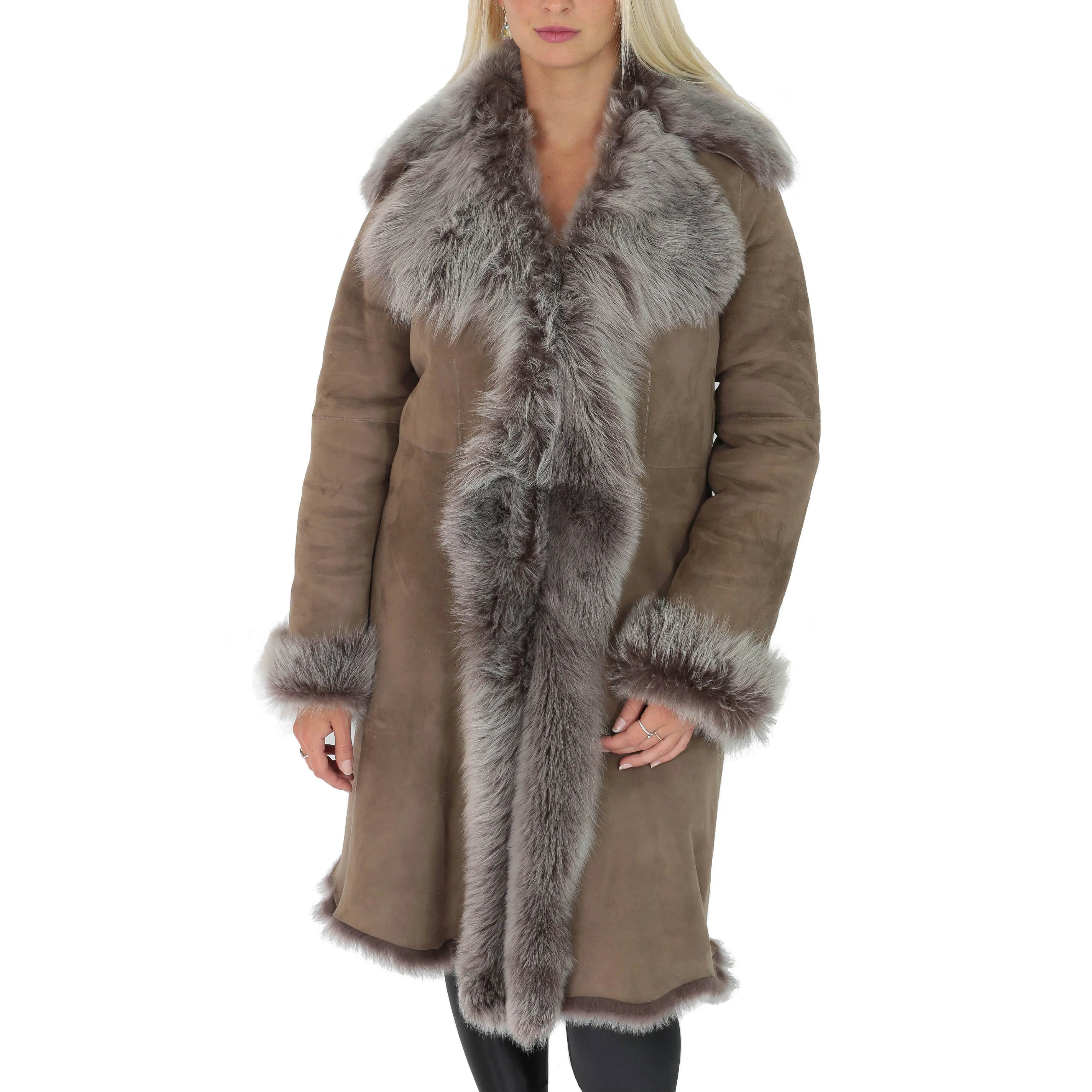DR220 Women's Shearling Long Italian Sheepskin Leather Coat Brown Taupe