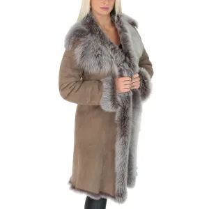 DR220 Women's Shearling Long Italian Sheepskin Leather Coat Brown Taupe