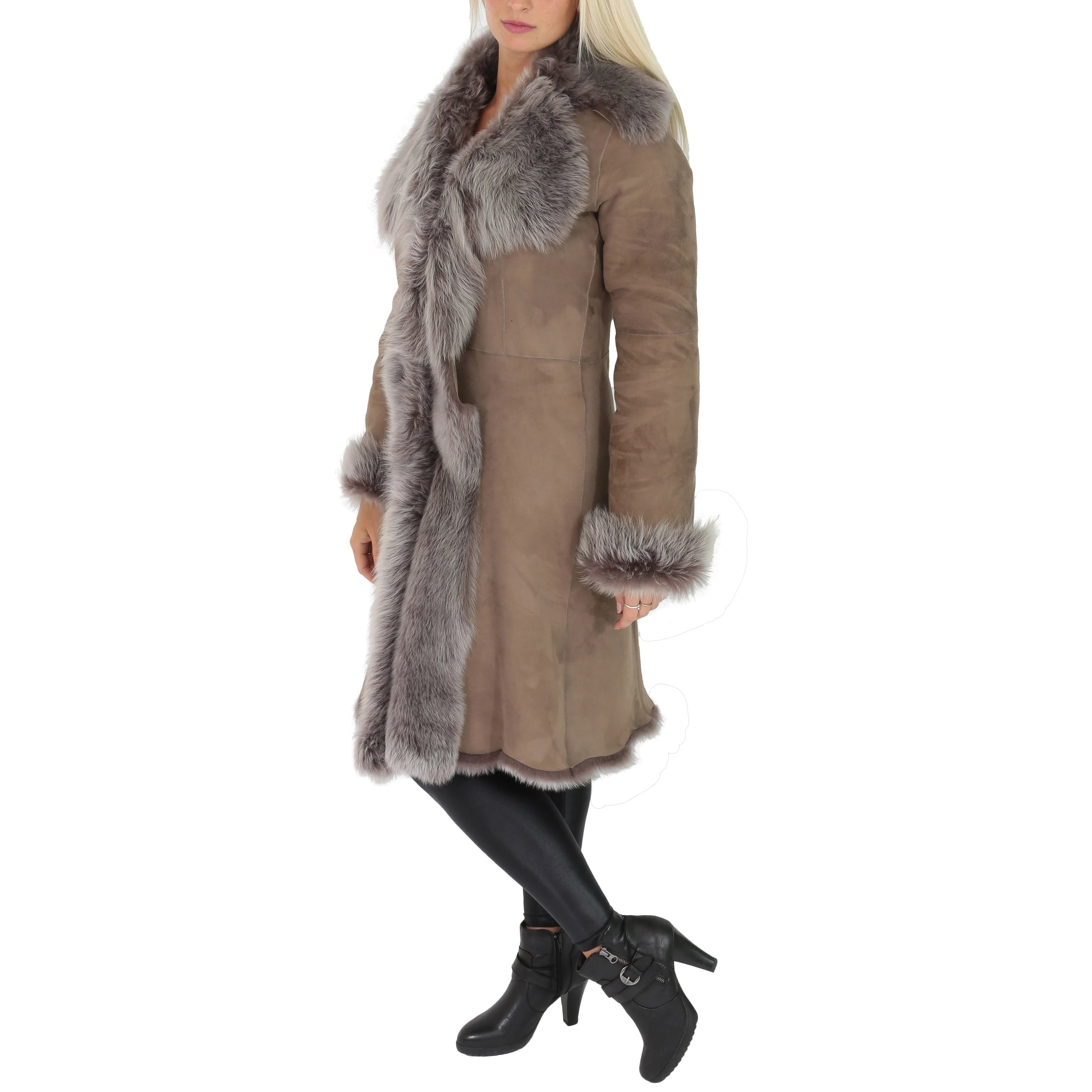 DR220 Women's Shearling Long Italian Sheepskin Leather Coat Brown Taupe