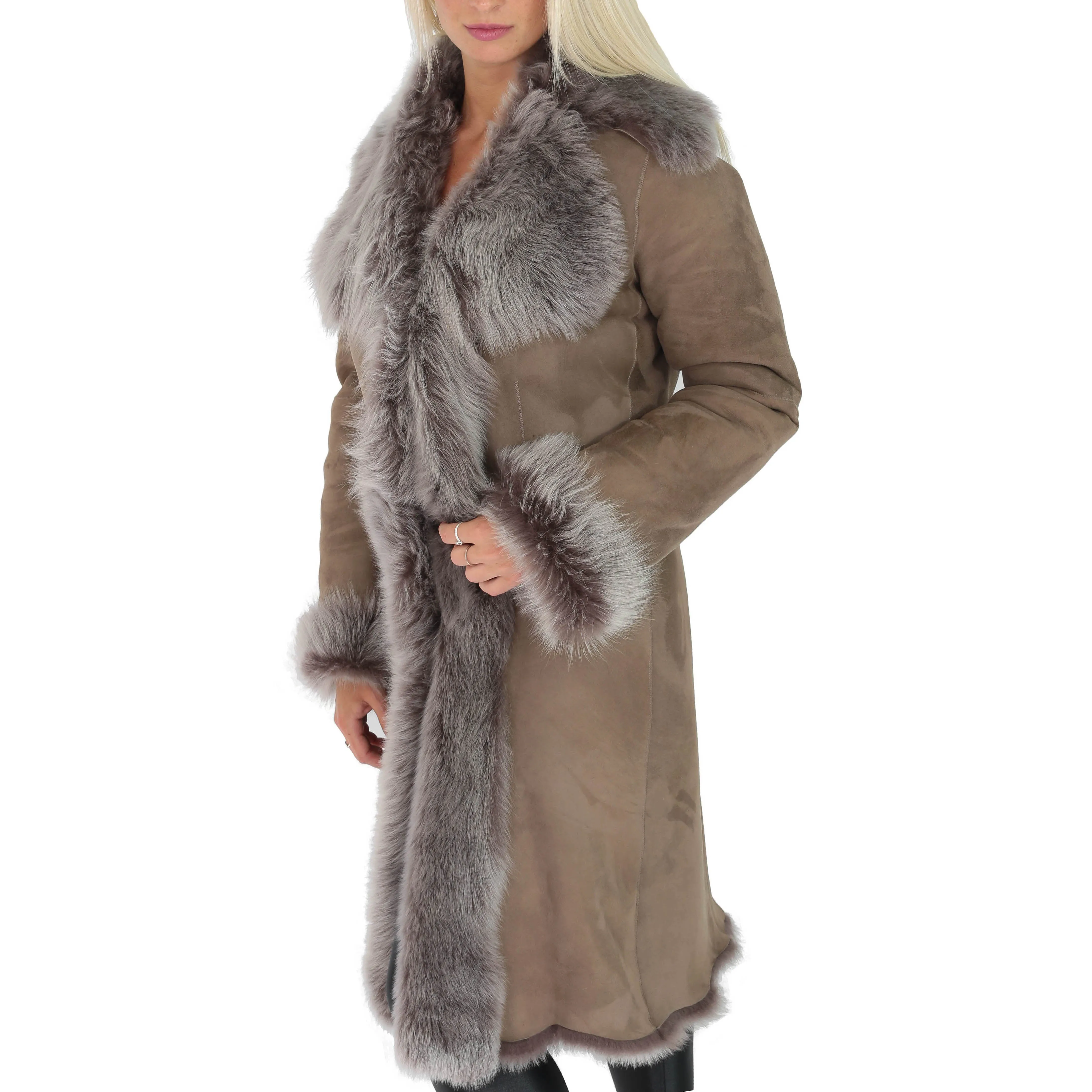 DR220 Women's Shearling Long Italian Sheepskin Leather Coat Brown Taupe