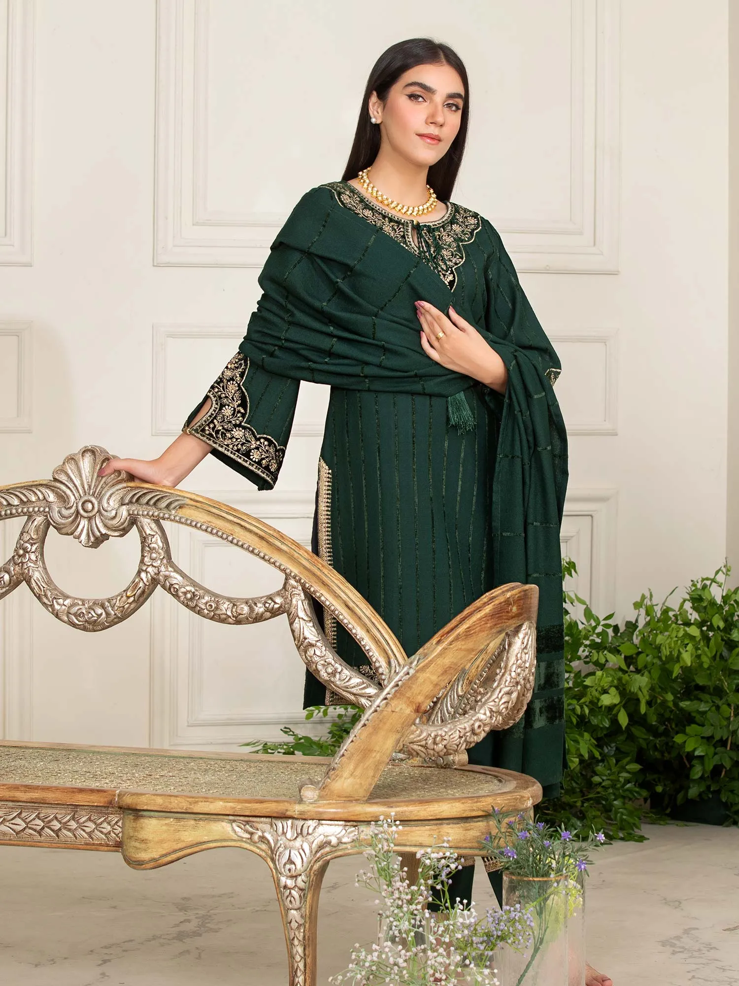 Heera's Green Embroidered Linen Suit with Pashmina Shawl