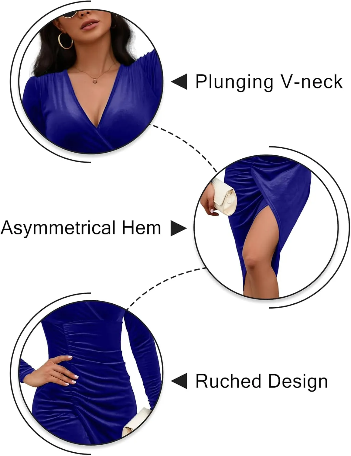 IFFEI Womens Wedding Guest Cocktail Dresses Fall Winter Velvet Dress for Women Ruched V Neck Long Sleeve Bodycon Mini Dress