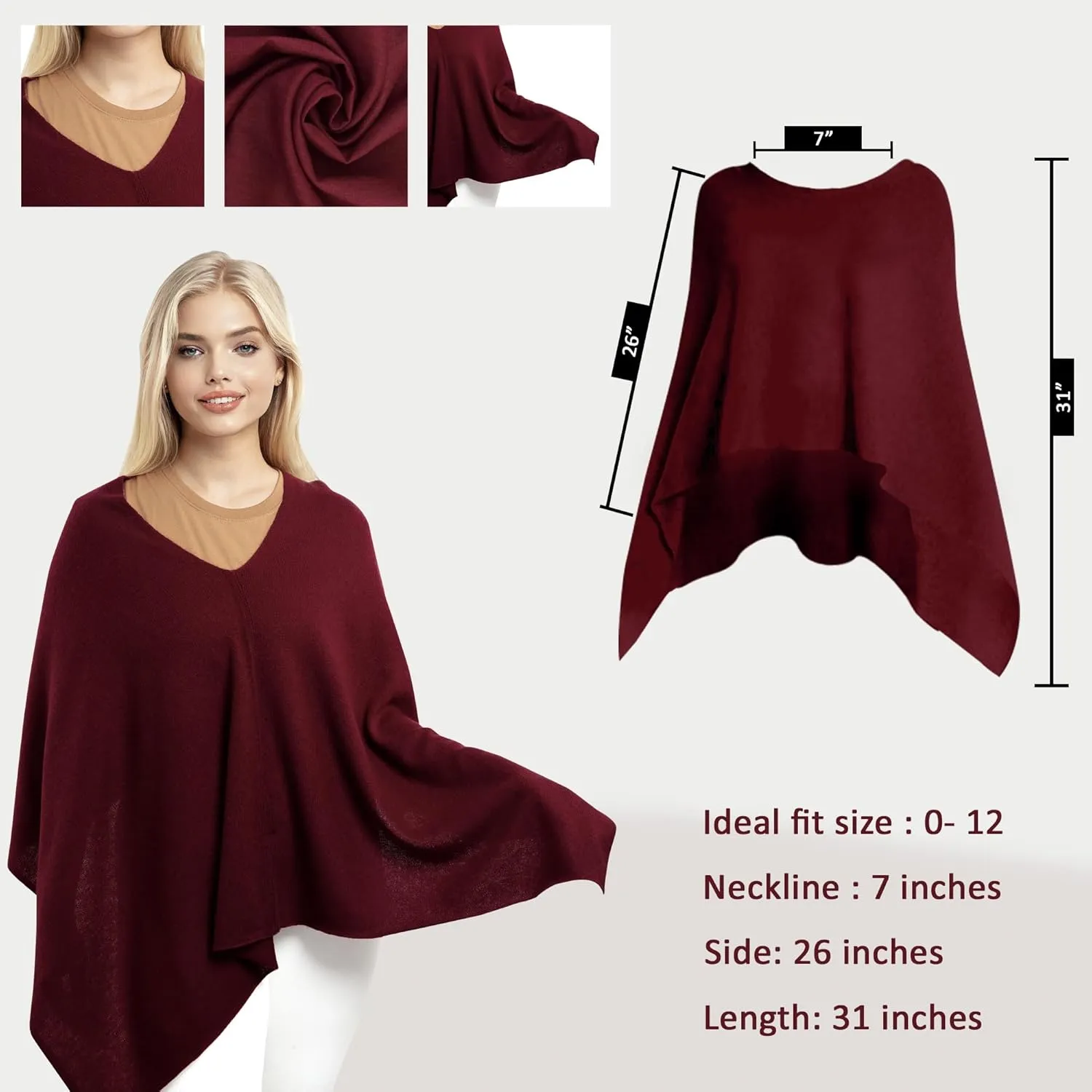InCashmere 100% Pure Cashmere Women Poncho Sweater - Lightweight Warm Knitted Shawl Wrap - All Year Round Dress Topper Gift
