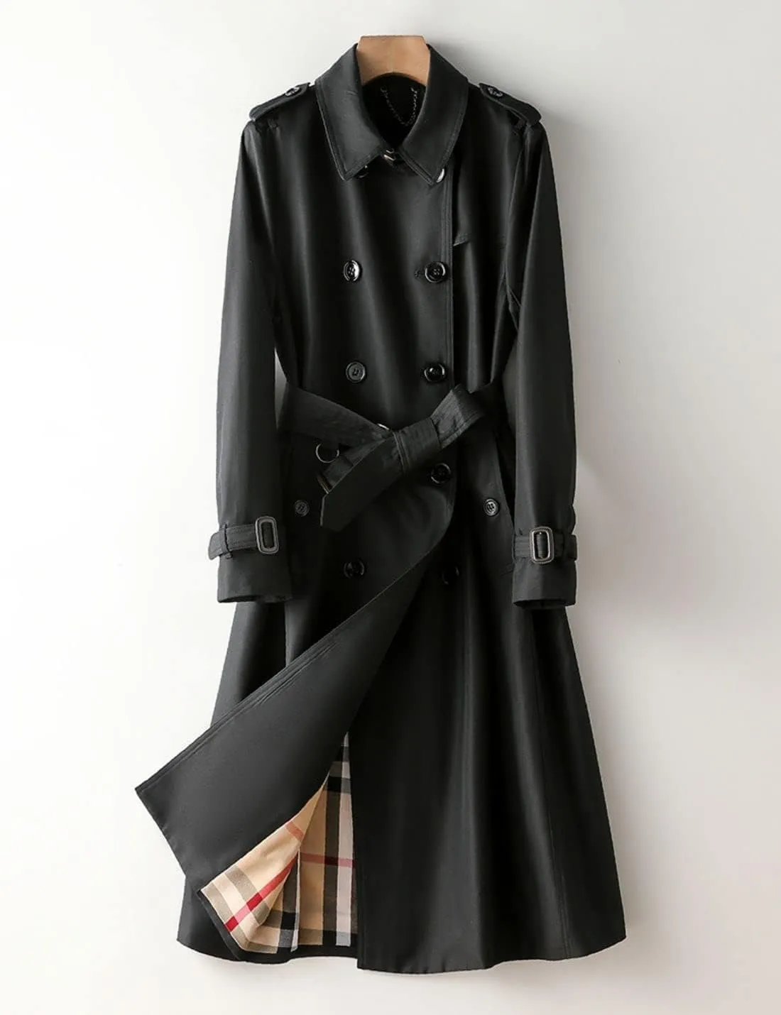 Kwoki Women's Long Trench Coat Double Breasted Classic Slim Lapel Overcoat with Belt