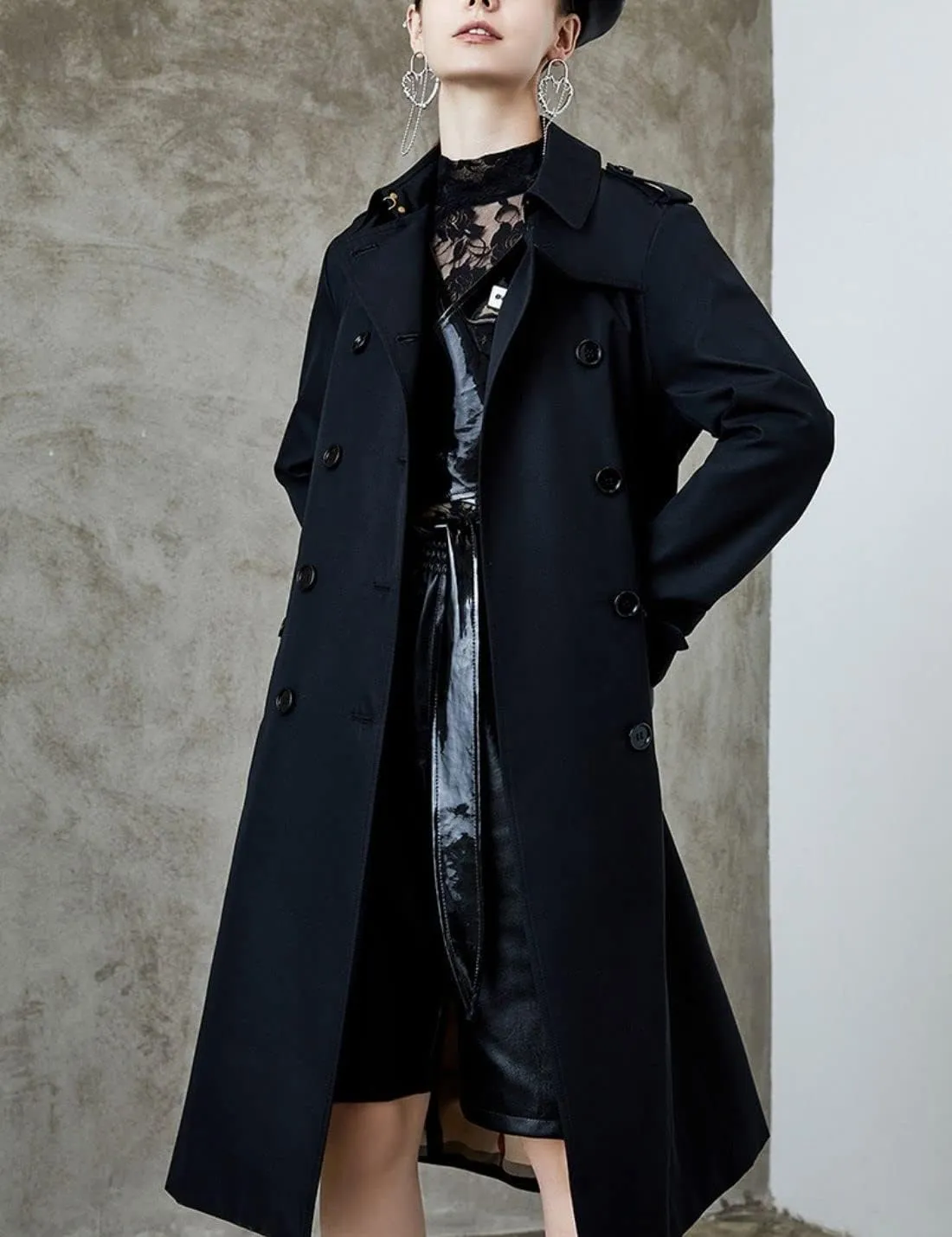 Kwoki Women's Long Trench Coat Double Breasted Classic Slim Lapel Overcoat with Belt