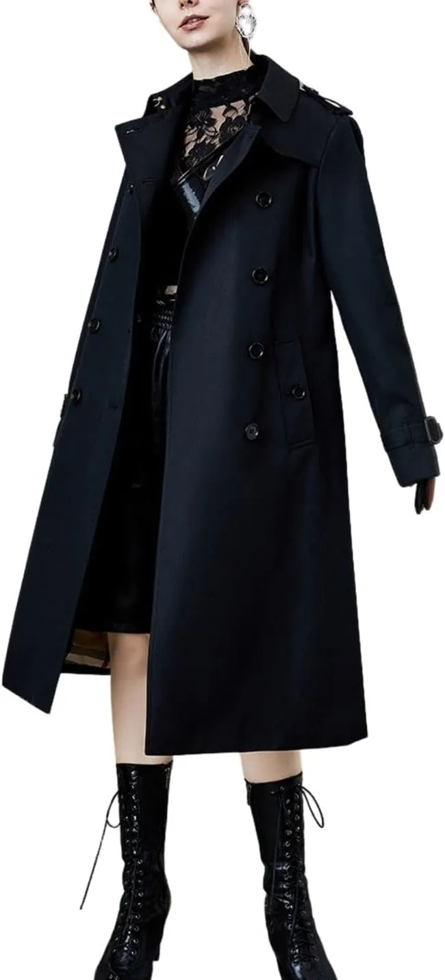 Kwoki Women's Long Trench Coat Double Breasted Classic Slim Lapel Overcoat with Belt