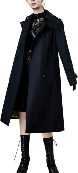 Kwoki Women's Long Trench Coat Double Breasted Classic Slim Lapel Overcoat with Belt