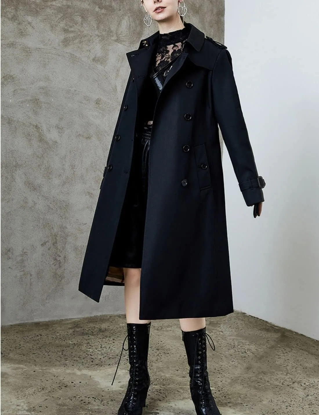 Kwoki Women's Long Trench Coat Double Breasted Classic Slim Lapel Overcoat with Belt