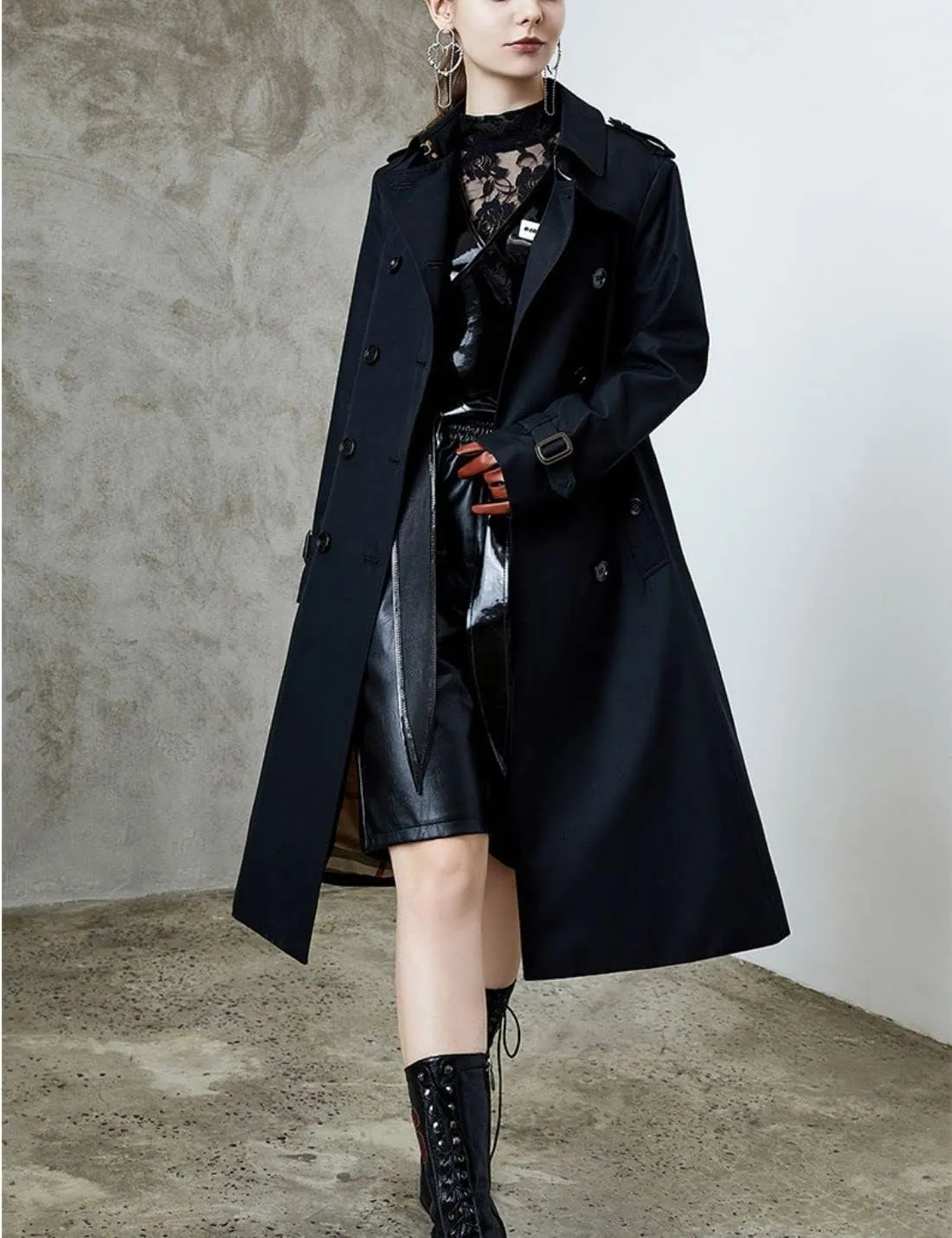 Kwoki Women's Long Trench Coat Double Breasted Classic Slim Lapel Overcoat with Belt