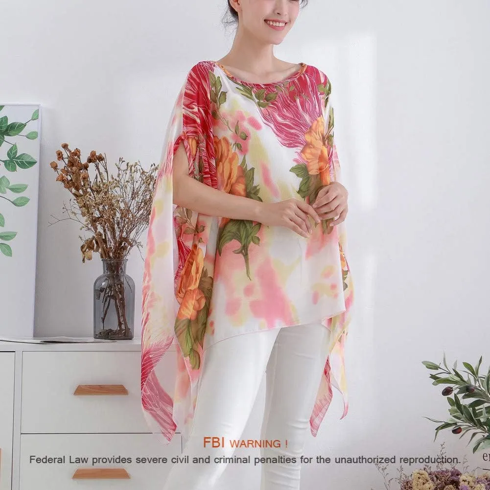 Max Hsuan Women's Loose Solid Sheer Chiffon Caftan Poncho Batwing Tunic Top Blouse Summer Oversized Shirts