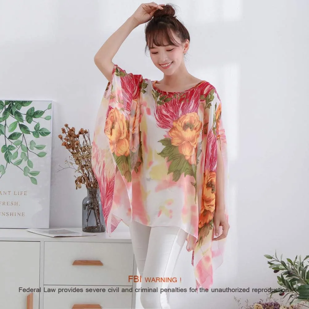 Max Hsuan Women's Loose Solid Sheer Chiffon Caftan Poncho Batwing Tunic Top Blouse Summer Oversized Shirts