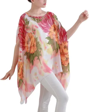 Max Hsuan Women's Loose Solid Sheer Chiffon Caftan Poncho Batwing Tunic Top Blouse Summer Oversized Shirts
