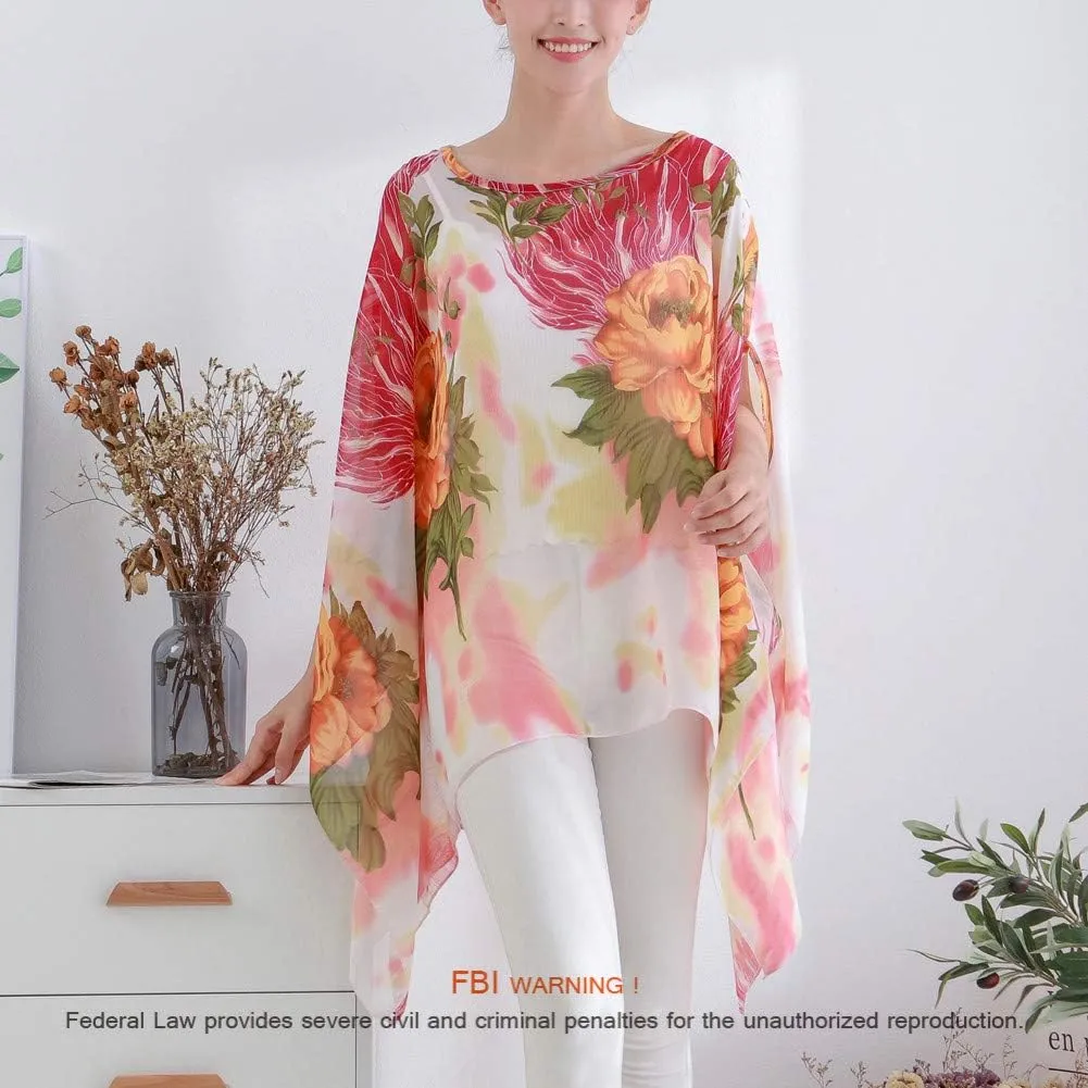 Max Hsuan Women's Loose Solid Sheer Chiffon Caftan Poncho Batwing Tunic Top Blouse Summer Oversized Shirts