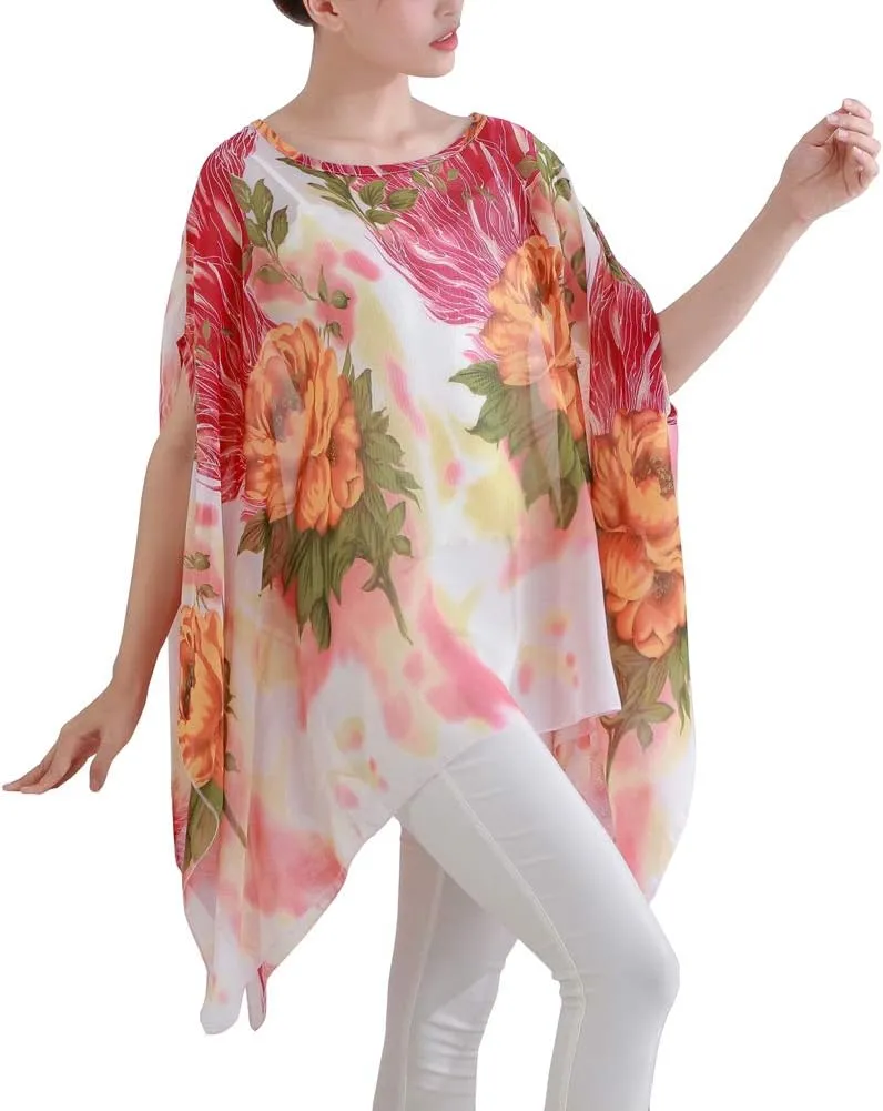 Max Hsuan Women's Loose Solid Sheer Chiffon Caftan Poncho Batwing Tunic Top Blouse Summer Oversized Shirts