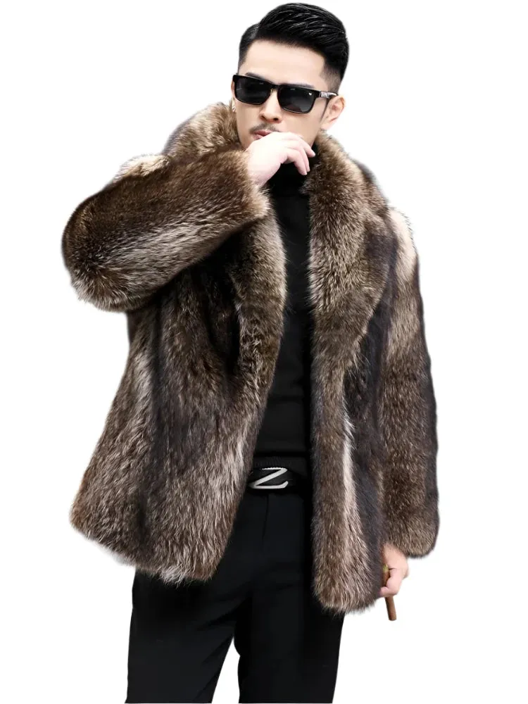 Men's Thickened Fox Fur Overcoat - Mid-Length Lapel Short Coat with Three Buttons | Warm Business Casual Winter Fashion