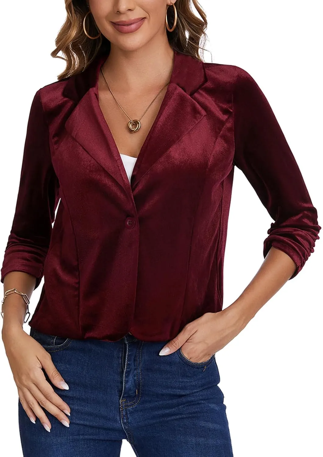 MINTLIMIT Velvet Blazer 3/4 Ruched Sleeve Notched Lapel Button Front Casual Work Office Blazer Jackets