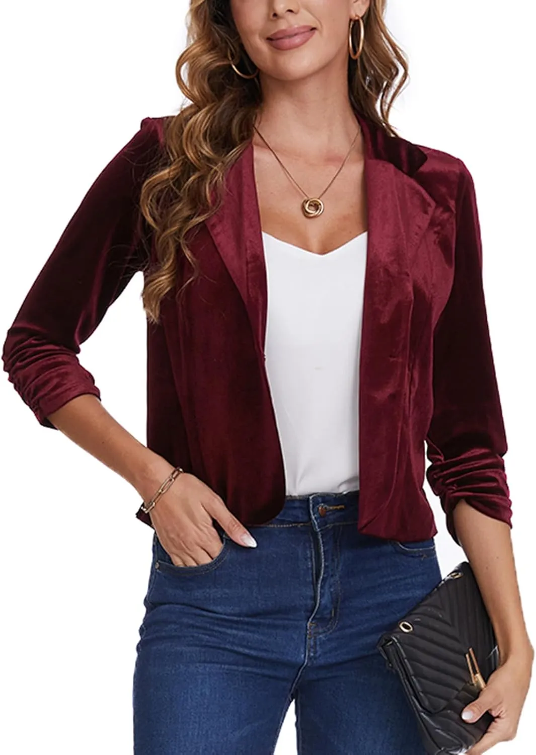 MINTLIMIT Velvet Blazer 3/4 Ruched Sleeve Notched Lapel Button Front Casual Work Office Blazer Jackets