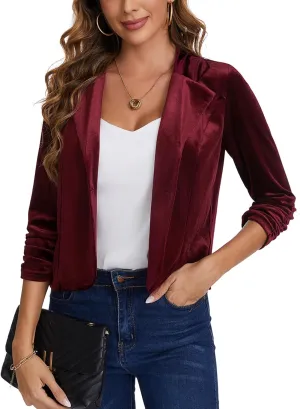 MINTLIMIT Velvet Blazer 3/4 Ruched Sleeve Notched Lapel Button Front Casual Work Office Blazer Jackets