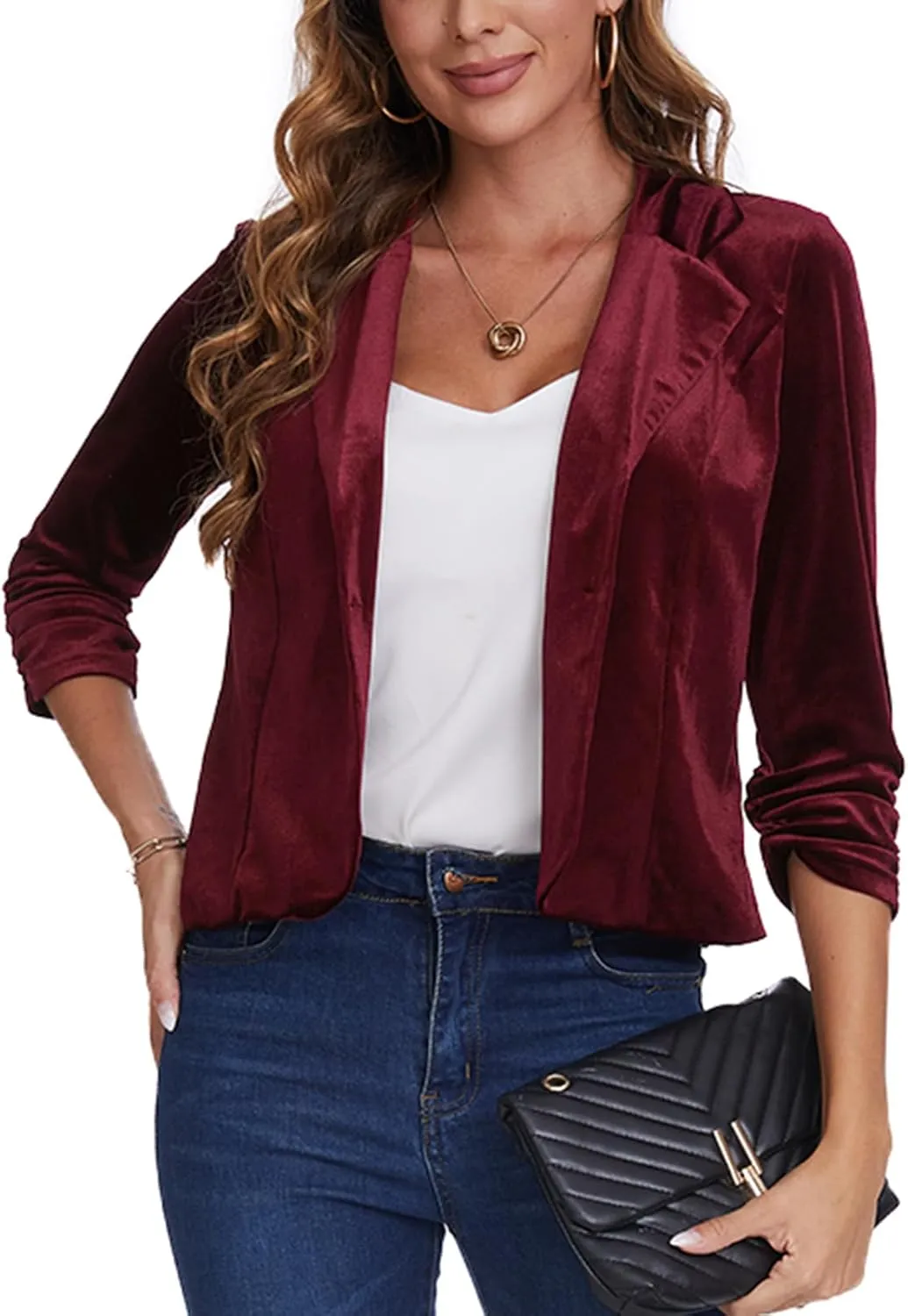 MINTLIMIT Velvet Blazer 3/4 Ruched Sleeve Notched Lapel Button Front Casual Work Office Blazer Jackets
