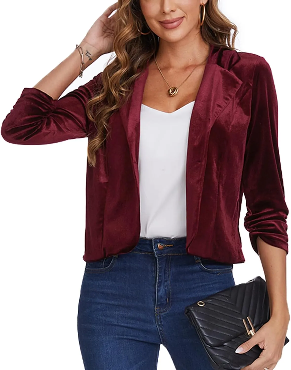 MINTLIMIT Velvet Blazer 3/4 Ruched Sleeve Notched Lapel Button Front Casual Work Office Blazer Jackets
