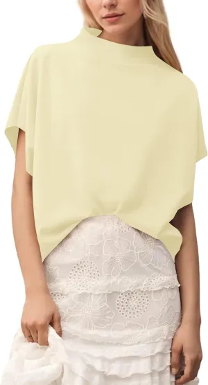 MISSACTIVER Womens Casual Mock Neck Batwing Tee Top Short Sleeve Drop Shoulder Solid Color Baggy Tshirt Summer Outfits