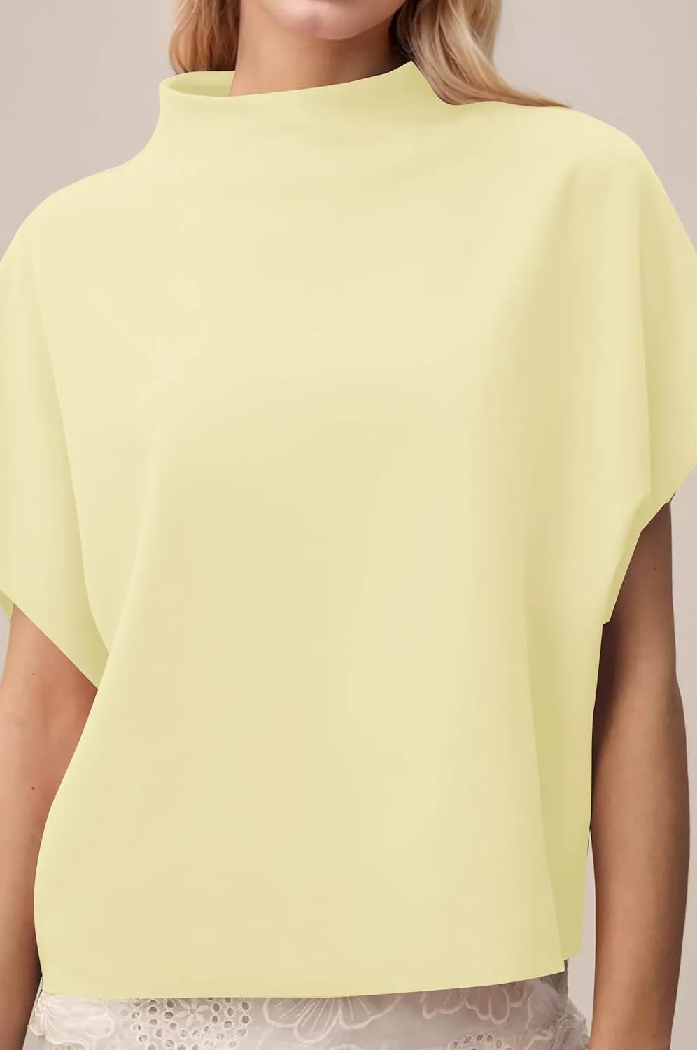 MISSACTIVER Womens Casual Mock Neck Batwing Tee Top Short Sleeve Drop Shoulder Solid Color Baggy Tshirt Summer Outfits