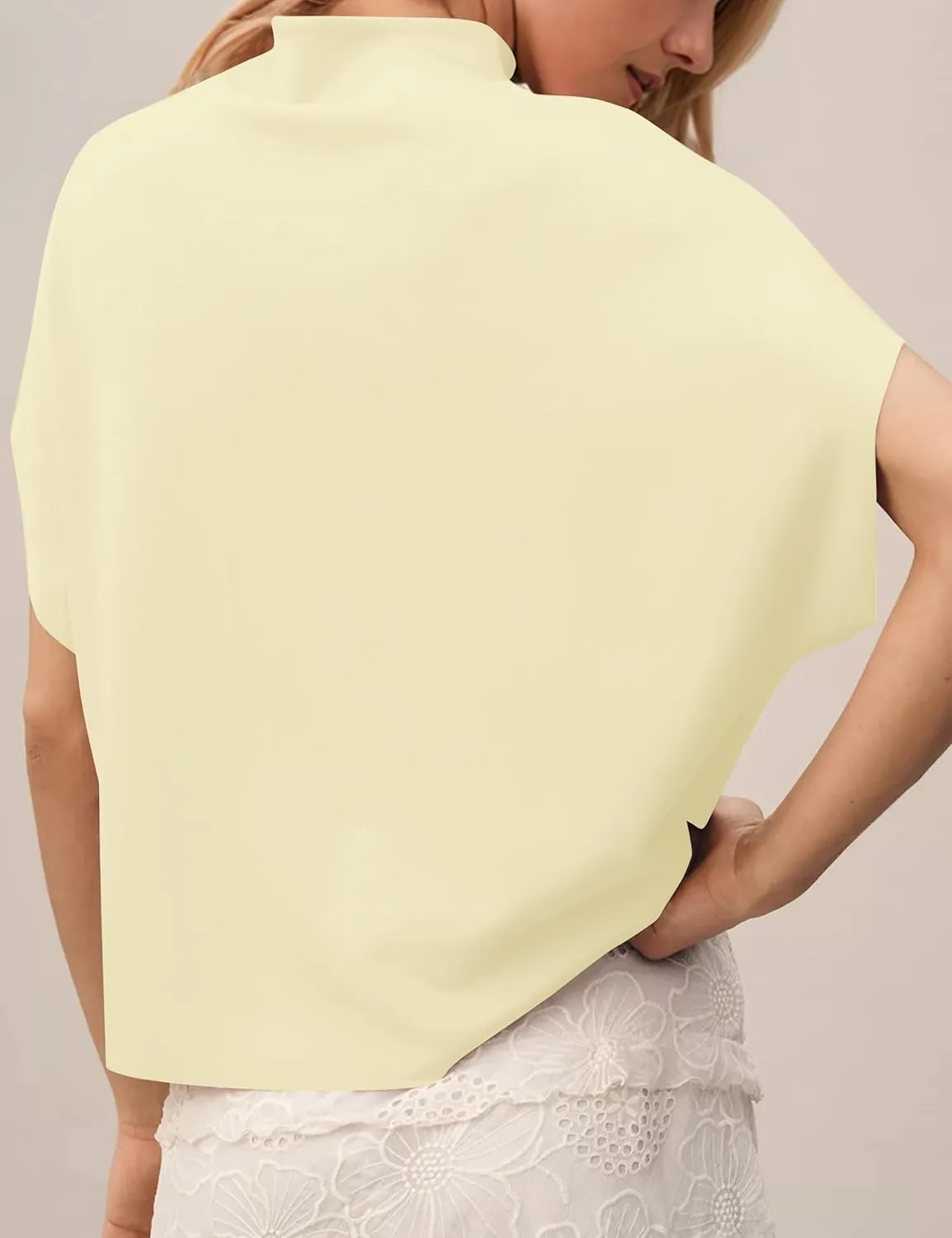 MISSACTIVER Womens Casual Mock Neck Batwing Tee Top Short Sleeve Drop Shoulder Solid Color Baggy Tshirt Summer Outfits