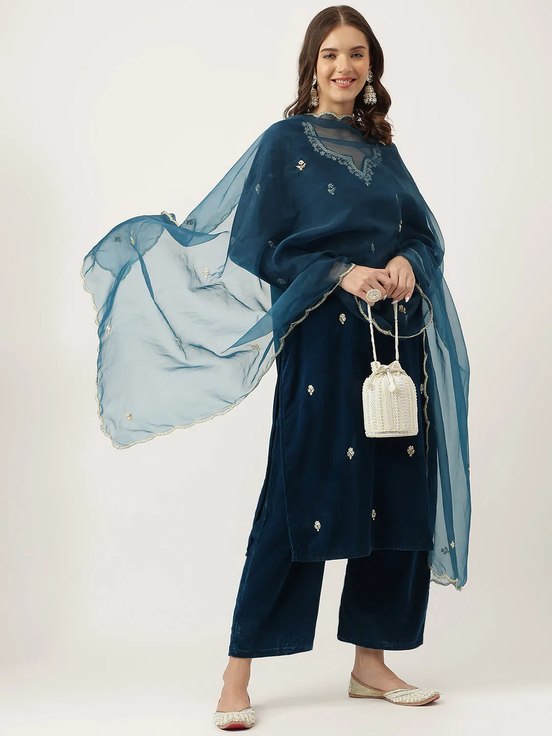 Rayol Blue Hand Embroidered Velvet Straight Kurta, Trousers With Dupatta Set