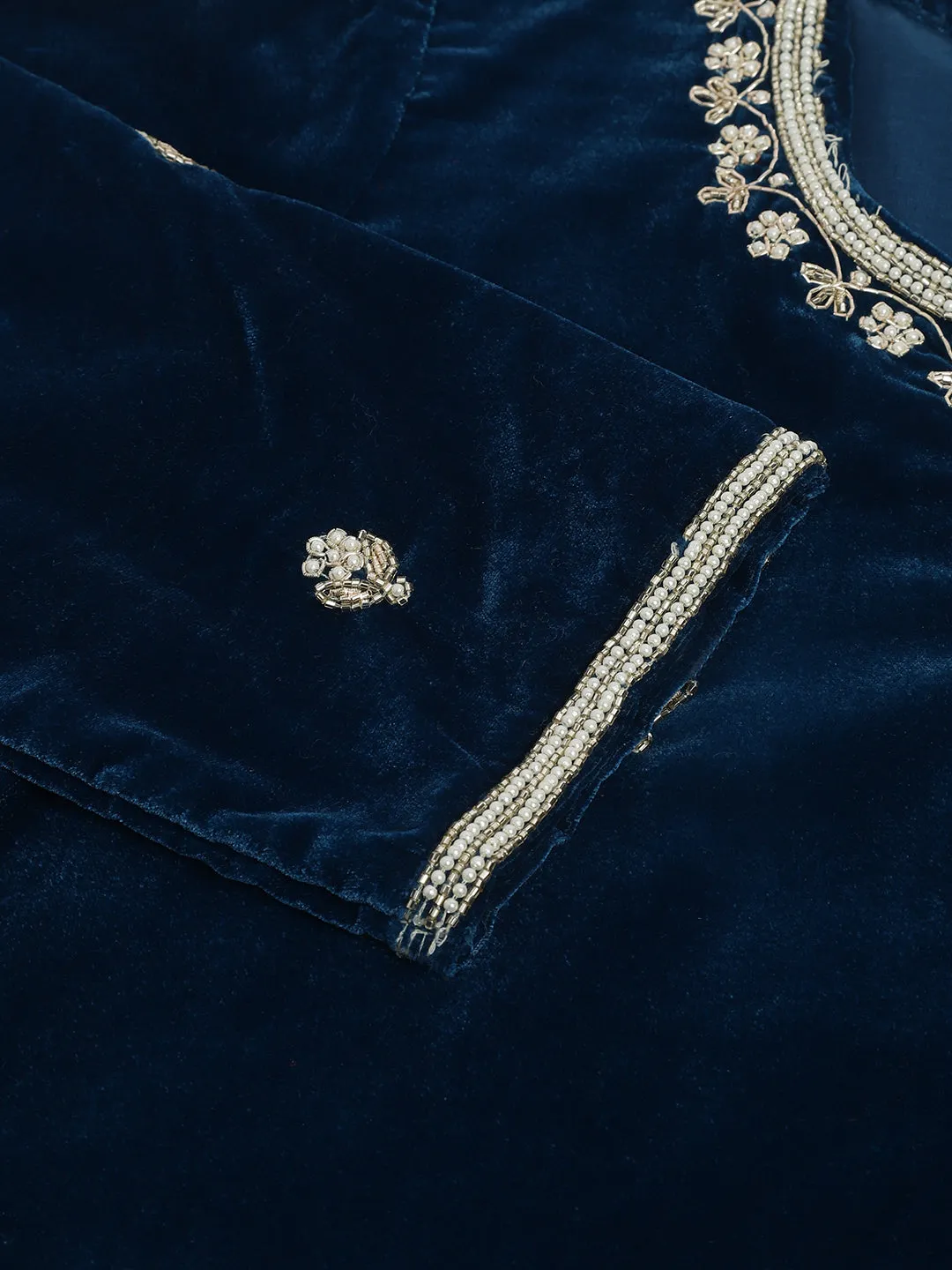 Rayol Blue Hand Embroidered Velvet Straight Kurta, Trousers With Dupatta Set