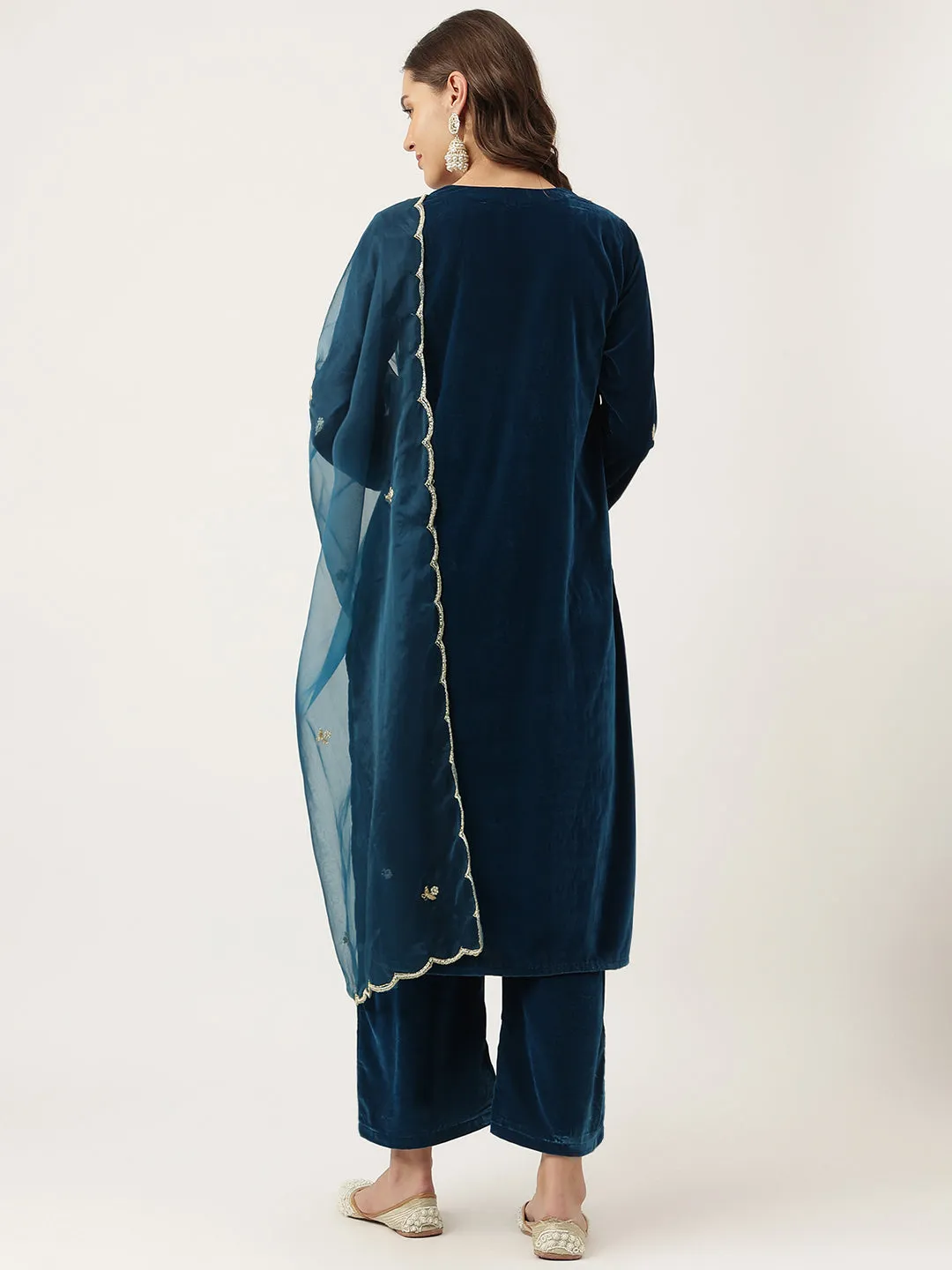 Rayol Blue Hand Embroidered Velvet Straight Kurta, Trousers With Dupatta Set