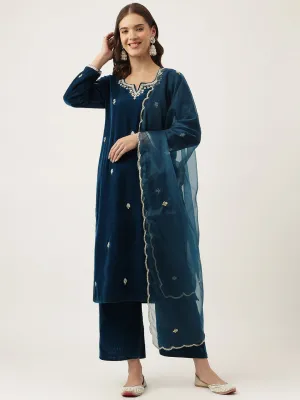 Rayol Blue Hand Embroidered Velvet Straight Kurta, Trousers With Dupatta Set