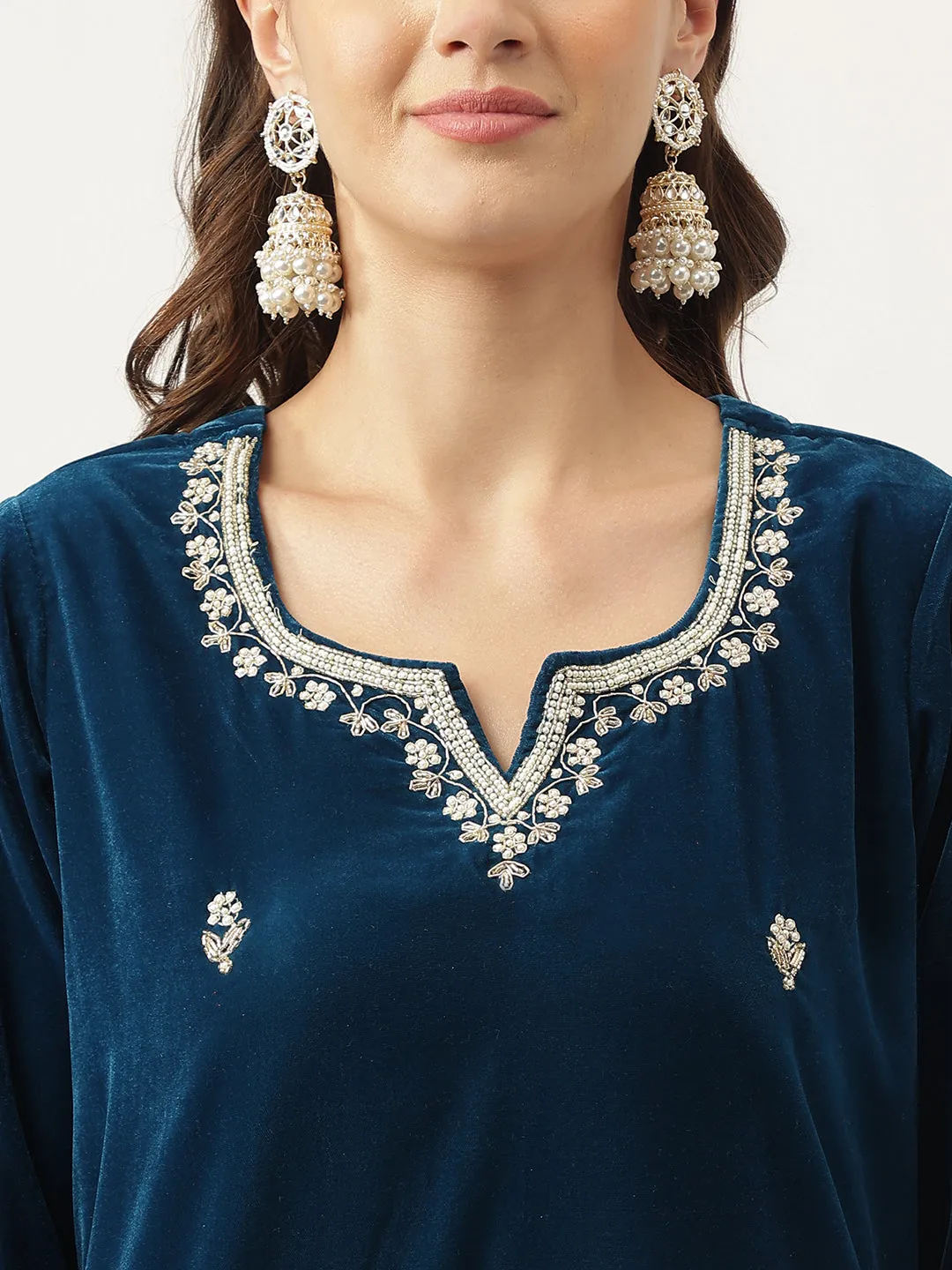 Rayol Blue Hand Embroidered Velvet Straight Kurta, Trousers With Dupatta Set