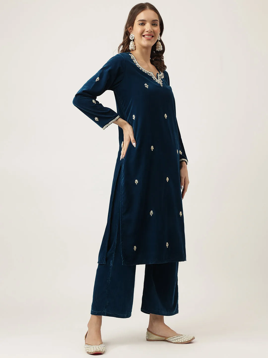 Rayol Blue Hand Embroidered Velvet Straight Kurta, Trousers With Dupatta Set