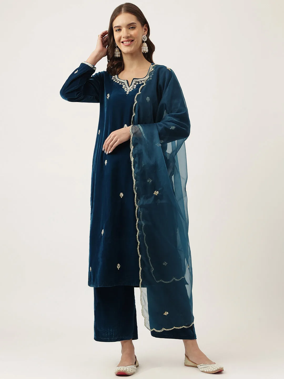 Rayol Blue Hand Embroidered Velvet Straight Kurta, Trousers With Dupatta Set