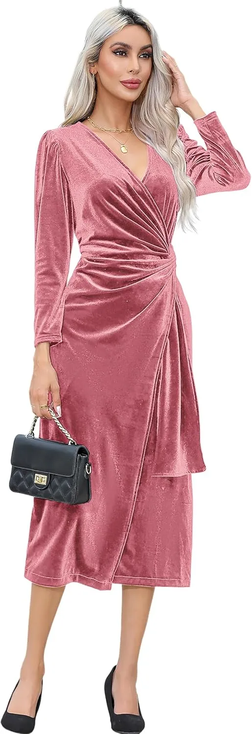 R.Vivimos Womens Velvet V Neck Wrap Dress Fall Winter Long Sleeve Waist Ruched Elastic Elegant Midi Dress