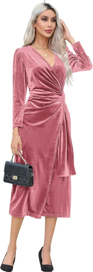 R.Vivimos Womens Velvet V Neck Wrap Dress Fall Winter Long Sleeve Waist Ruched Elastic Elegant Midi Dress