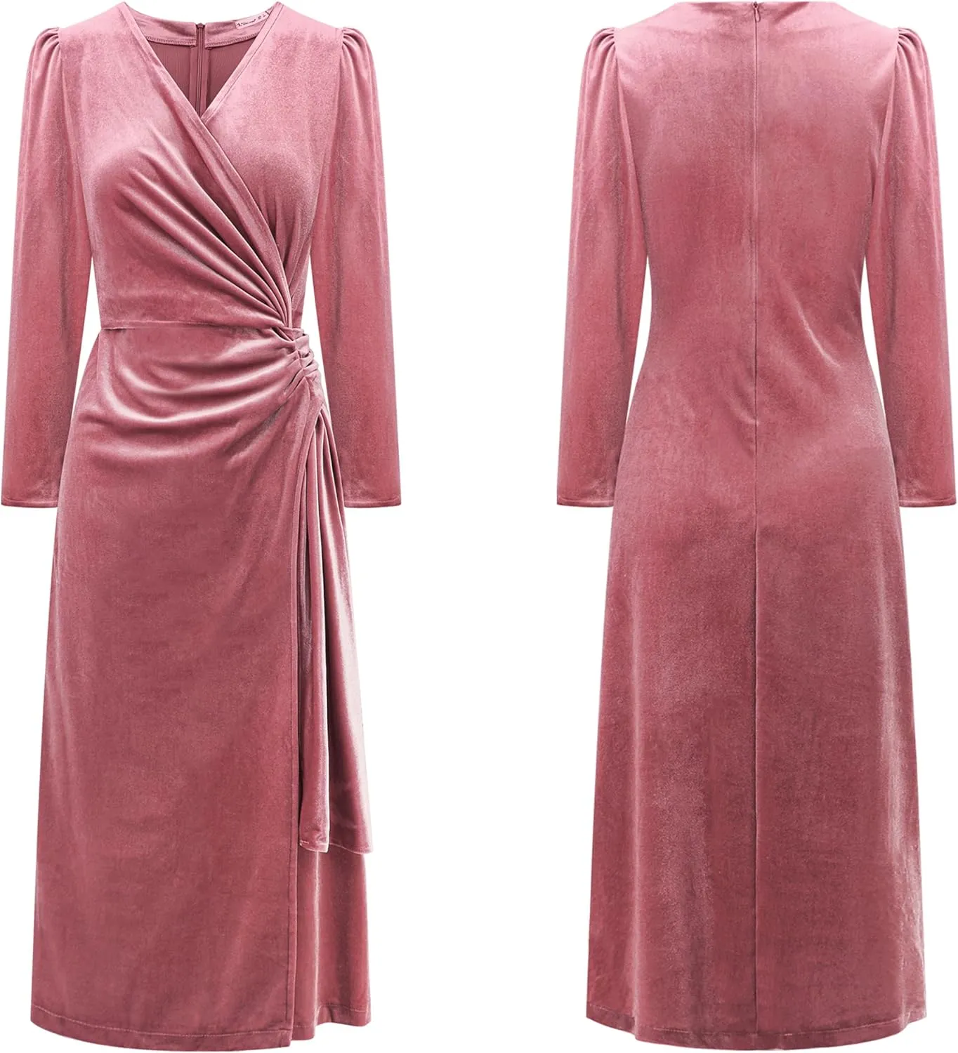 R.Vivimos Womens Velvet V Neck Wrap Dress Fall Winter Long Sleeve Waist Ruched Elastic Elegant Midi Dress
