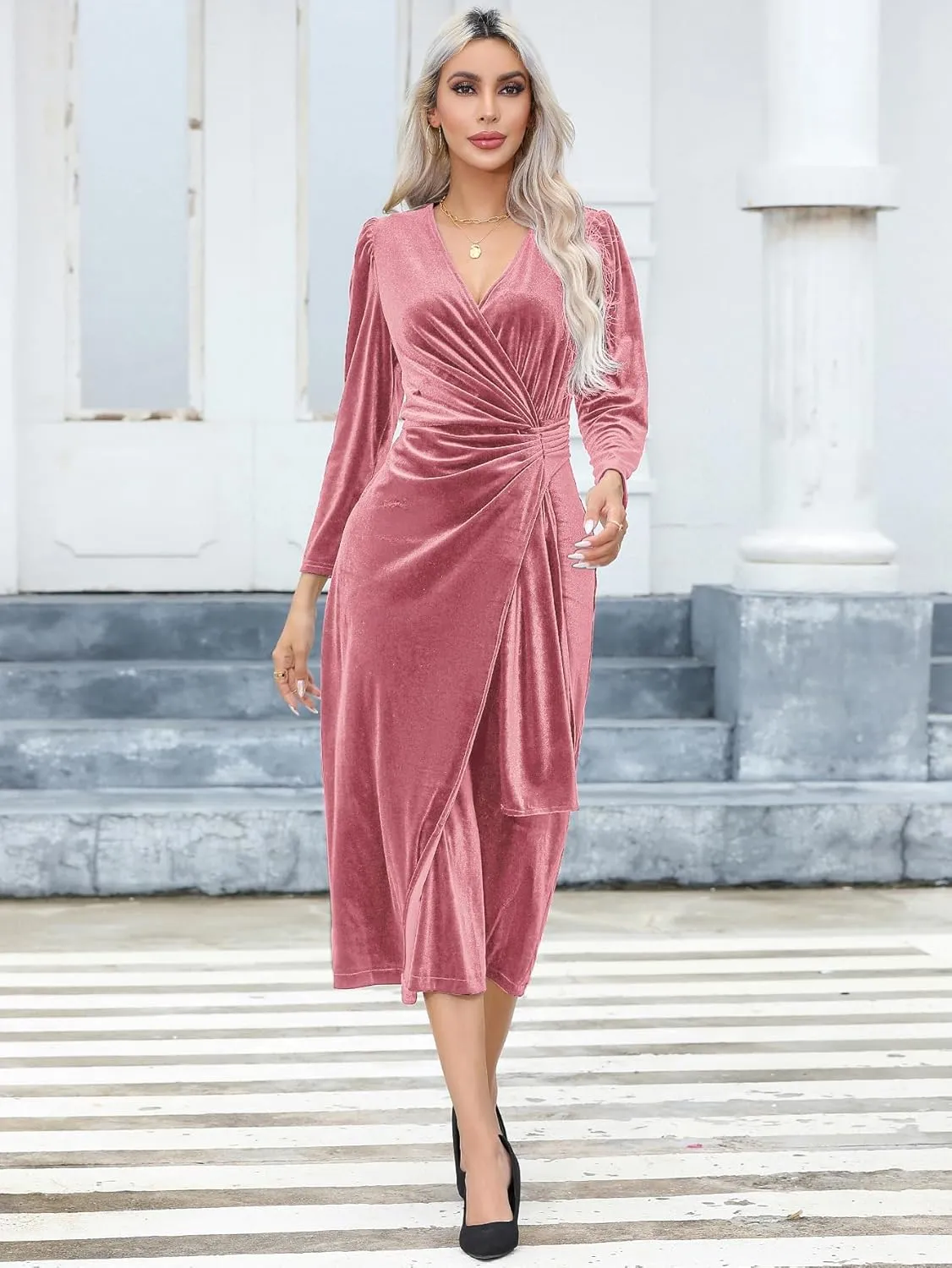 R.Vivimos Womens Velvet V Neck Wrap Dress Fall Winter Long Sleeve Waist Ruched Elastic Elegant Midi Dress