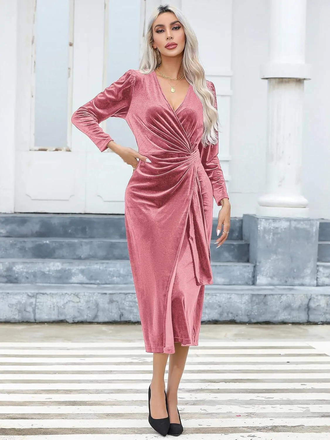 R.Vivimos Womens Velvet V Neck Wrap Dress Fall Winter Long Sleeve Waist Ruched Elastic Elegant Midi Dress
