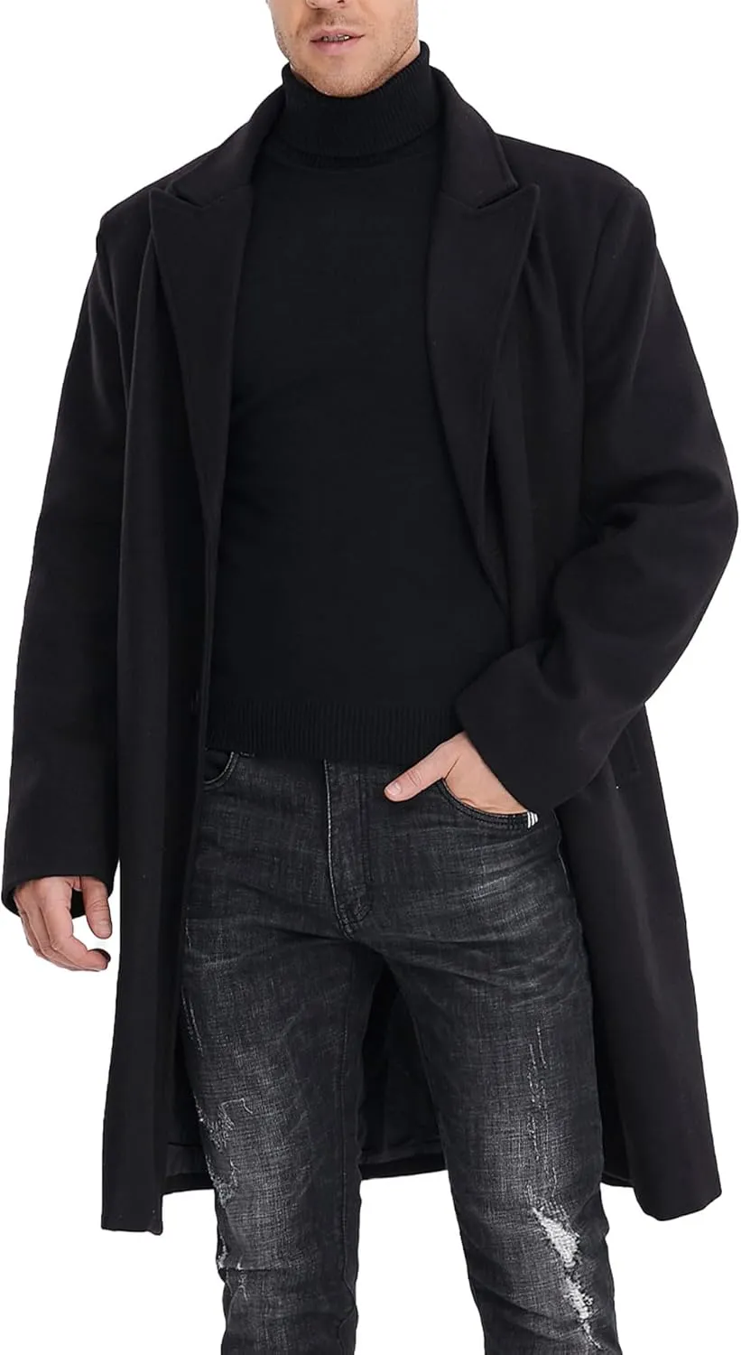 SOMTHRON Men's Casual Trench Coat Mid Long Single Breasted Slim Fit Peacoat Notched Lapel Winter Business Overcoat