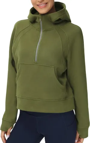 THE GYM PEOPLE Womens' Hoodies Half Zip Long Sleeve Fleece Crop Pullover Sweatshirts with Pockets Thumb Hole
