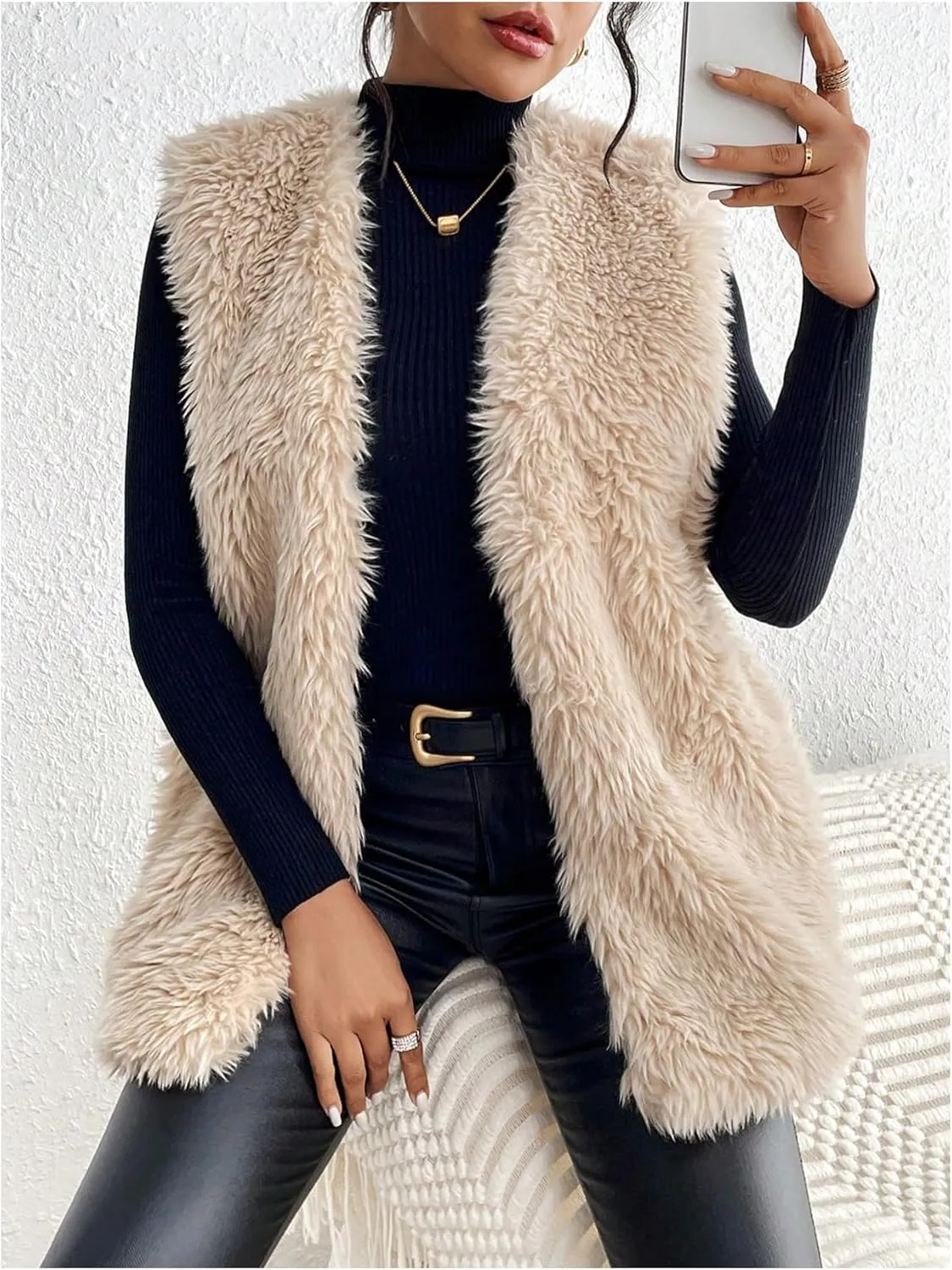 Verdusa Women's Fuzzy Faux Fur Sleeveless Vest Teddy Coats Open Front Plush Waistcoat Outerwear
