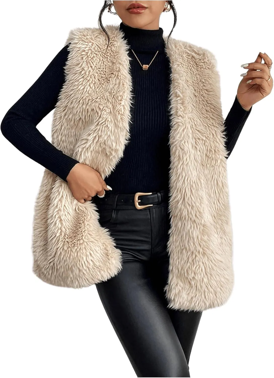 Verdusa Women's Fuzzy Faux Fur Sleeveless Vest Teddy Coats Open Front Plush Waistcoat Outerwear